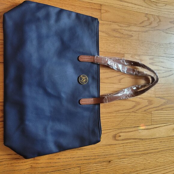 Joy Mangano Blue Leather Tote Bag With Brown Handles - Picture 8 of 12